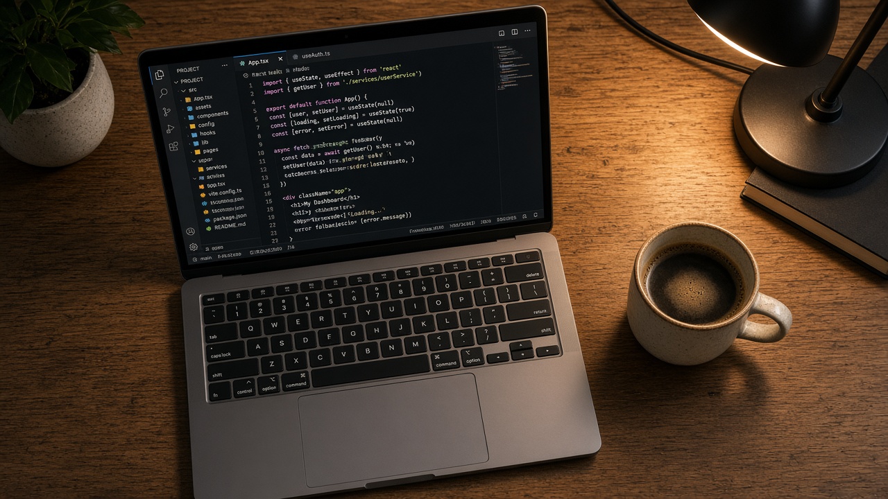 Developer workstation with laptop and coffee